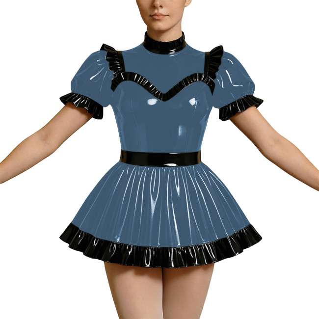 Wetlook PVC Cosplay Dress Party Rave High Neck Puff Sleeve Clubwear Mini Dress Gothic Back Zipper Lockable Lolita French Maid