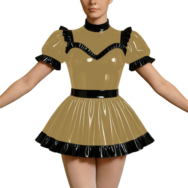 Wetlook PVC Cosplay Dress Party Rave High Neck Puff Sleeve Clubwear Mini Dress Gothic Back Zipper Lockable Lolita French Maid