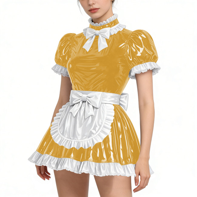 Shiny Vinyl PVC Leather Lace Maid Puff Sleeve Festival Mini Dress Gothic Back Zipper Party Maid Dress Lock French Apron Lolita