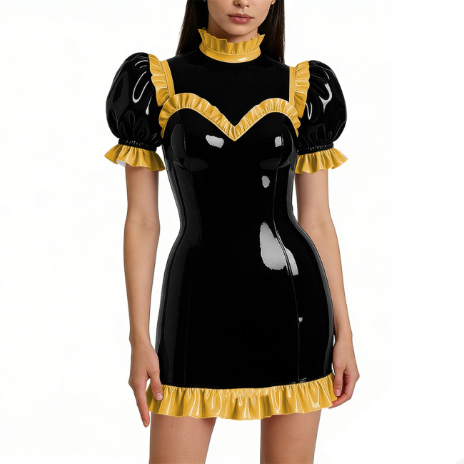 Halloween Shiny Faux Leather French Cosplay Party Dress Ruffled Nightwear Puff Sleeve Bodycon Mini Dress Wetlook Gothic Lolita