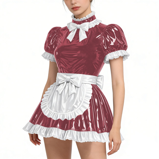 Shiny Vinyl PVC Leather Lace Maid Puff Sleeve Festival Mini Dress Gothic Back Zipper Party Maid Dress Lock French Apron Lolita