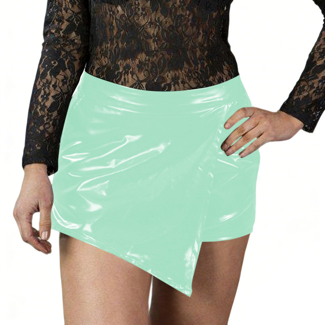 Cosplay Party Sissy PVC Leather Wetlook Asymmetrical Shorts Gothic High Waist Wrap Mini Skirt Sexy A-line Crossdresser Dress