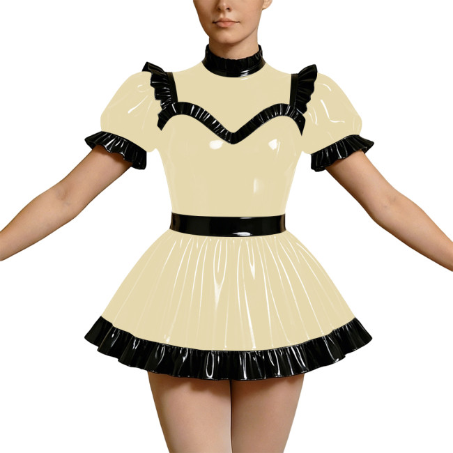 Wetlook PVC Cosplay Dress Party Rave High Neck Puff Sleeve Clubwear Mini Dress Gothic Back Zipper Lockable Lolita French Maid