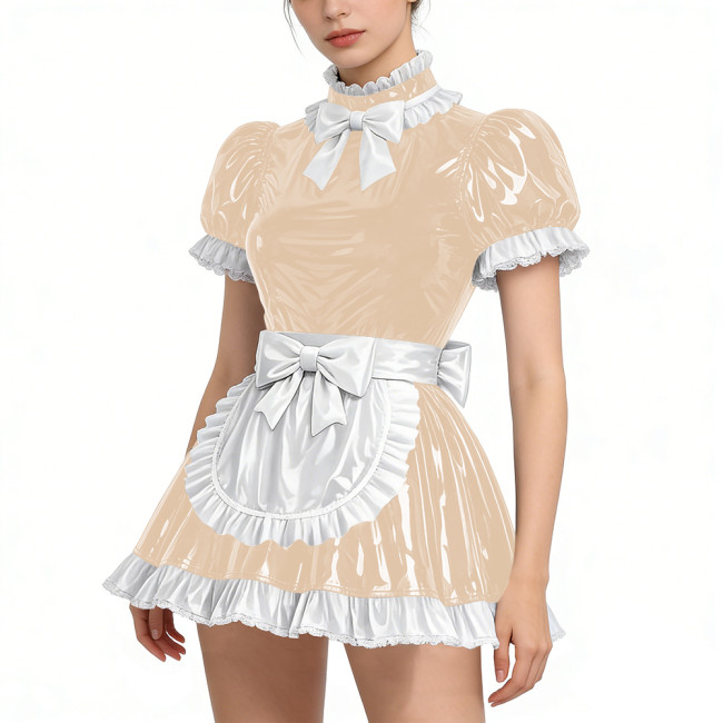 Shiny Vinyl PVC Leather Lace Maid Puff Sleeve Festival Mini Dress Gothic Back Zipper Party Maid Dress Lock French Apron Lolita