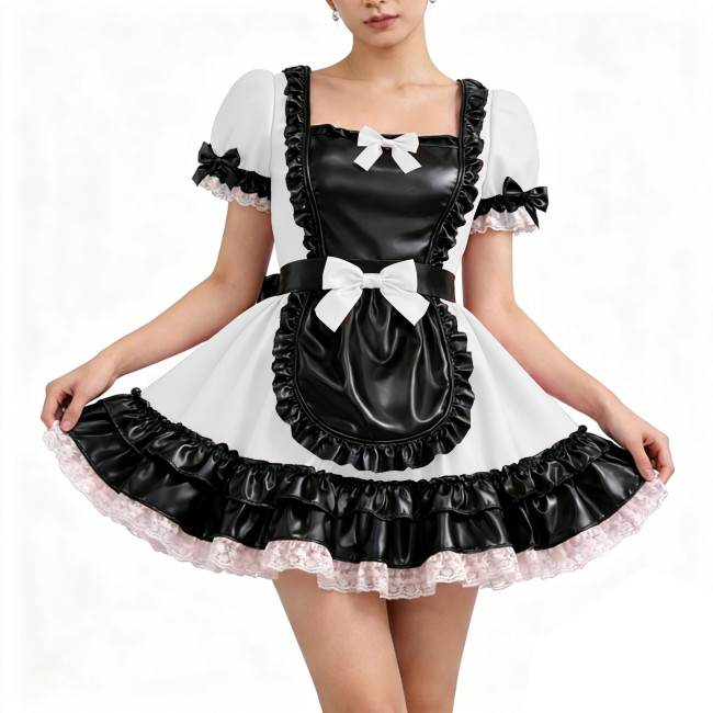 Glossy PU Faux Leather Maid Dress Halloween Trim Ruffle Mini Dress Wetlook Bow Party Uniform Gothic Back Zipper Cosplay Lolita