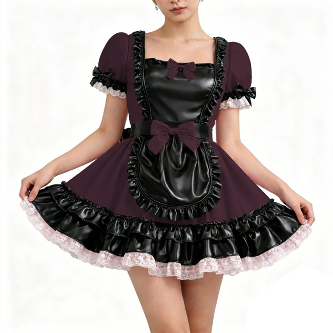 Glossy PU Faux Leather Maid Dress Halloween Trim Ruffle Mini Dress Wetlook Bow Party Uniform Gothic Back Zipper Cosplay Lolita