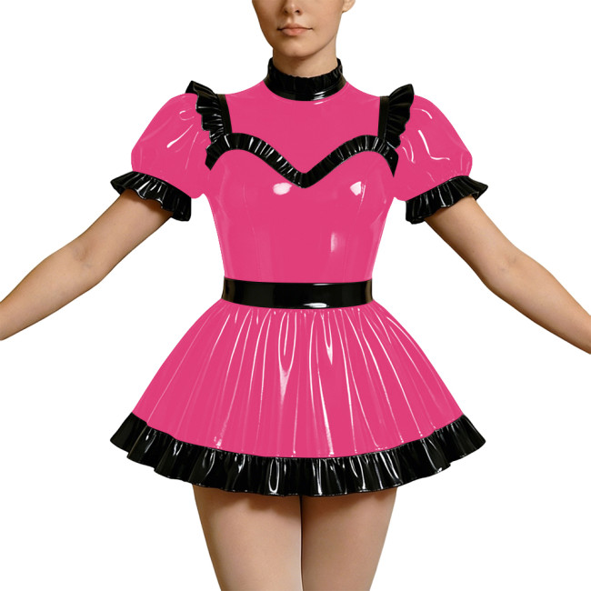Wetlook PVC Cosplay Dress Party Rave High Neck Puff Sleeve Clubwear Mini Dress Gothic Back Zipper Lockable Lolita French Maid