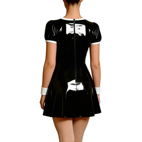 Wetlook Faux Leather French Dress Rave Short Sleeve Bodycon Cosplay A-Line Mini Dress Back Zipper Party Apron Gothic Vestidos