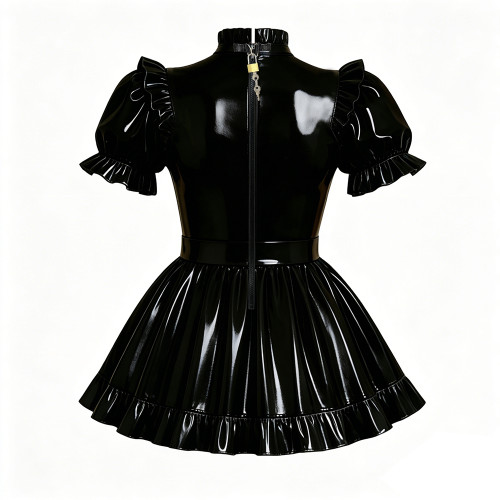 Wetlook PVC Cosplay Dress Party Rave High Neck Puff Sleeve Clubwear Mini Dress Gothic Back Zipper Lockable Lolita French Maid