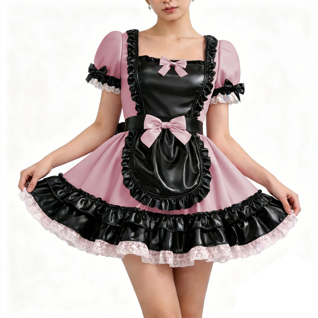 Glossy PU Faux Leather Maid Dress Halloween Trim Ruffle Mini Dress Wetlook Bow Party Uniform Gothic Back Zipper Cosplay Lolita
