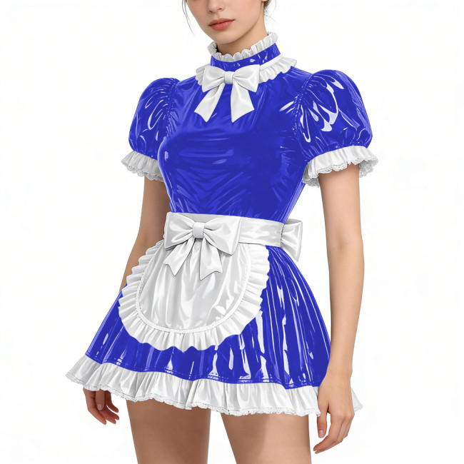 Shiny Vinyl PVC Leather Lace Maid Puff Sleeve Festival Mini Dress Gothic Back Zipper Party Maid Dress Lock French Apron Lolita