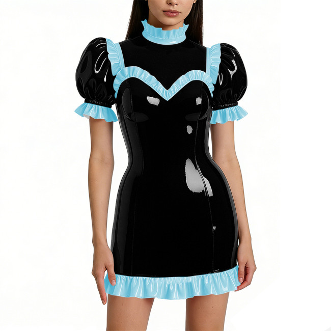 Halloween Shiny Faux Leather French Cosplay Party Dress Ruffled Nightwear Puff Sleeve Bodycon Mini Dress Wetlook Gothic Lolita