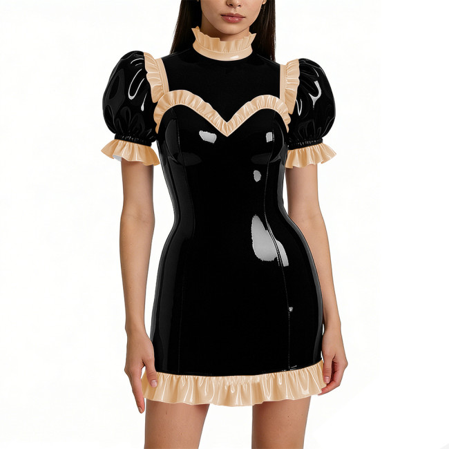 Halloween Shiny Faux Leather French Cosplay Party Dress Ruffled Nightwear Puff Sleeve Bodycon Mini Dress Wetlook Gothic Lolita