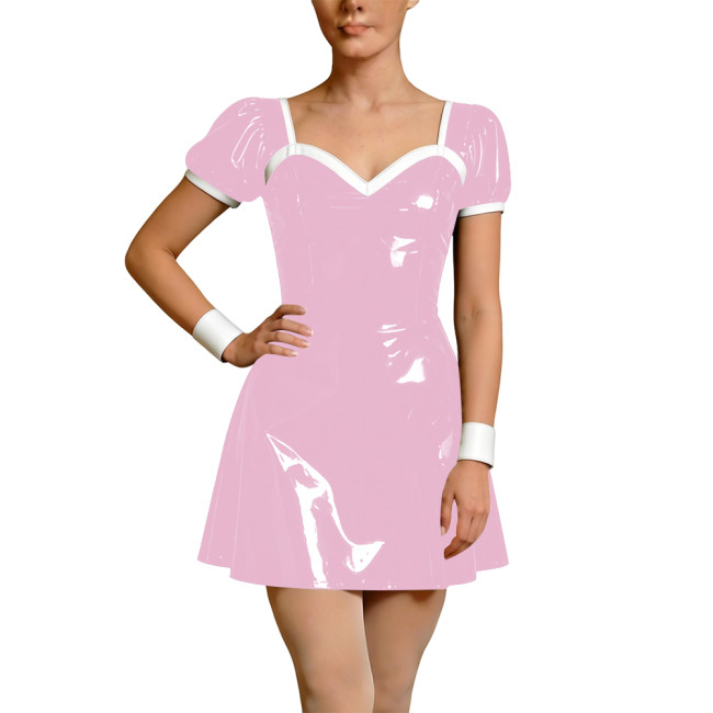 Wetlook Faux Leather French Dress Rave Short Sleeve Bodycon Cosplay A-Line Mini Dress Back Zipper Party Apron Gothic Vestidos