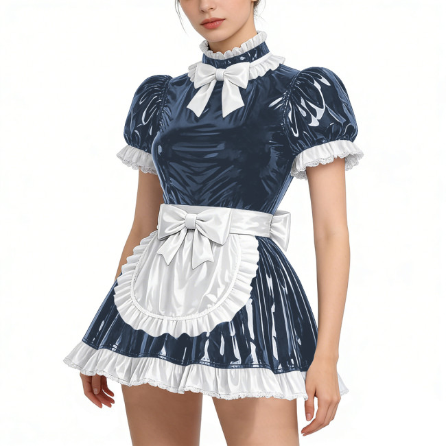 Shiny Vinyl PVC Leather Lace Maid Puff Sleeve Festival Mini Dress Gothic Back Zipper Party Maid Dress Lock French Apron Lolita