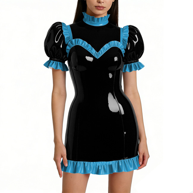 Halloween Shiny Faux Leather French Cosplay Party Dress Ruffled Nightwear Puff Sleeve Bodycon Mini Dress Wetlook Gothic Lolita