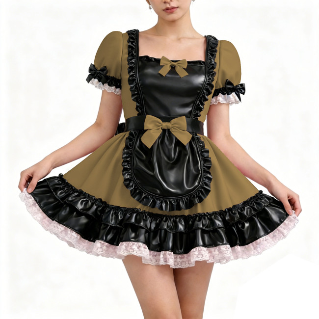 Glossy PU Faux Leather Maid Dress Halloween Trim Ruffle Mini Dress Wetlook Bow Party Uniform Gothic Back Zipper Cosplay Lolita