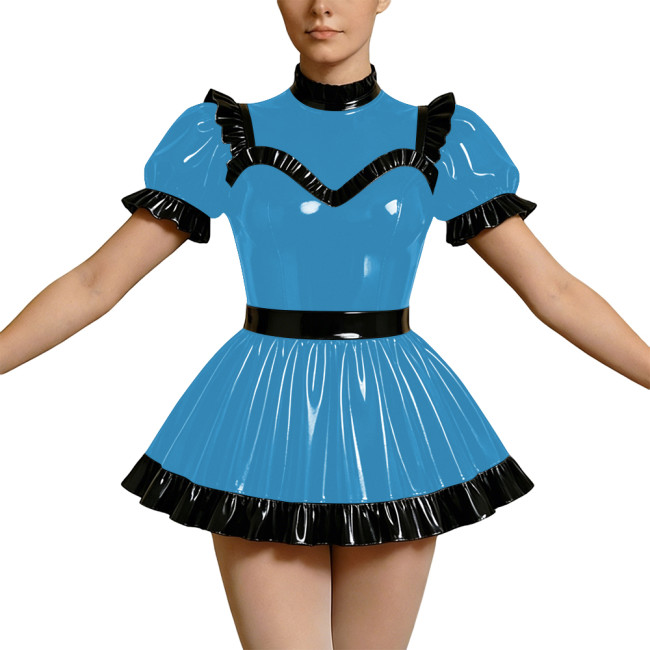 Wetlook PVC Cosplay Dress Party Rave High Neck Puff Sleeve Clubwear Mini Dress Gothic Back Zipper Lockable Lolita French Maid