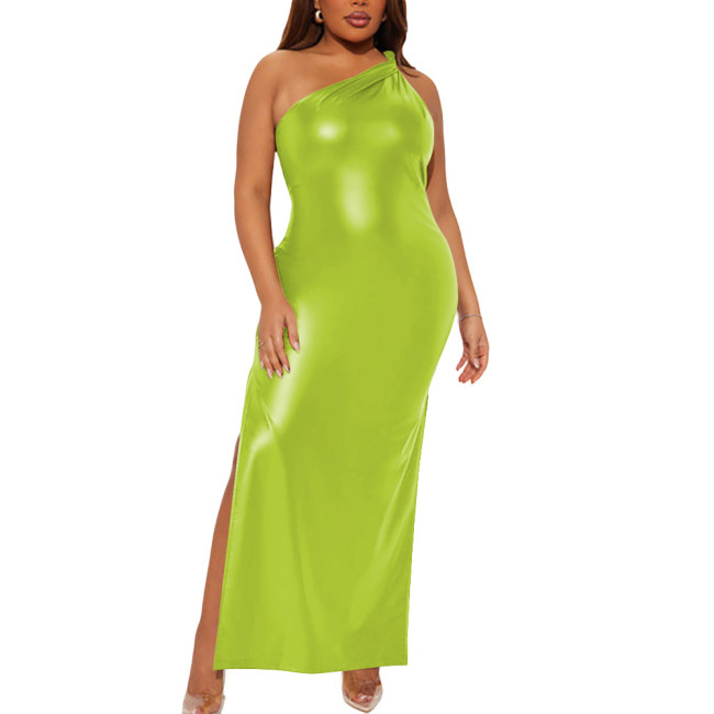 Plus Size Wetlook Matte Faux Leather Clubwear One Shoulder Bodycon Maxi Dress Gothic Sleeveless High Split Long Cocktail Dress