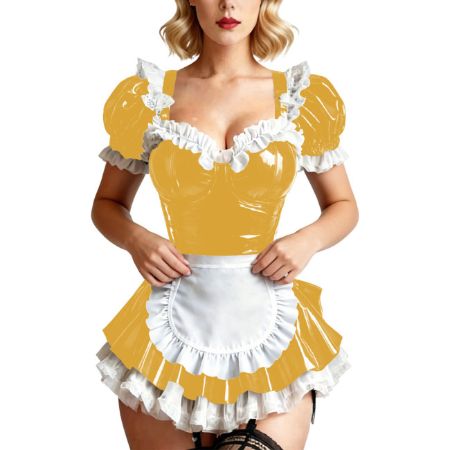 Sissy PVC Leather French Zipper Party Maid Dress Women Short Puff Sleeve Wetlook Apron Halloween Mini Dress Sexy Cosplay Lolita