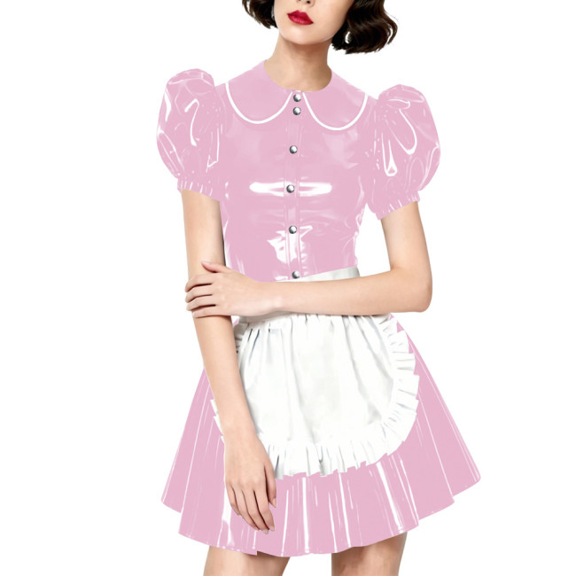 Halloween Party Wetlook Faux Leather Maid Short Sleeve Apron Mini Dress Wetlook French Peter Collar Cosplay Maid Crossdresser