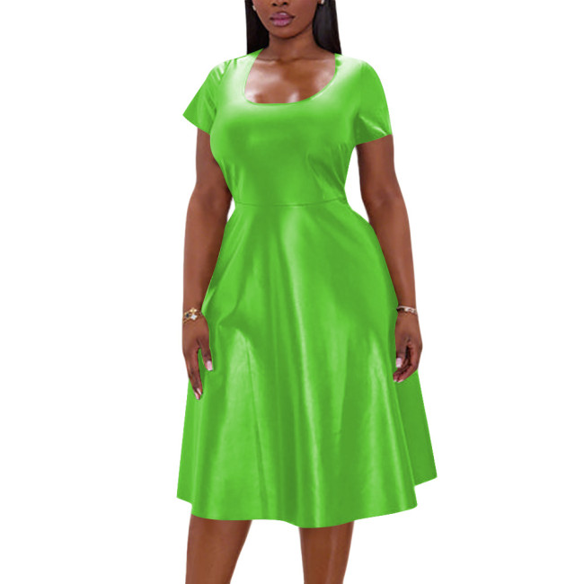 Plus Size Matte Glossy Faux Leather Wedding Dress Women High Street Short Sleeve Office Outfits Casual A-Line Party Midi Dress