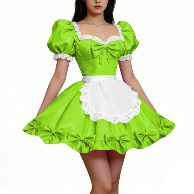 PVC Shiny Puff Sleeve French Maid Dress Erotic Square Neck Cocktail Mini Dress Apron Lace Party Back Zipper Gothic Cosplay Lolita