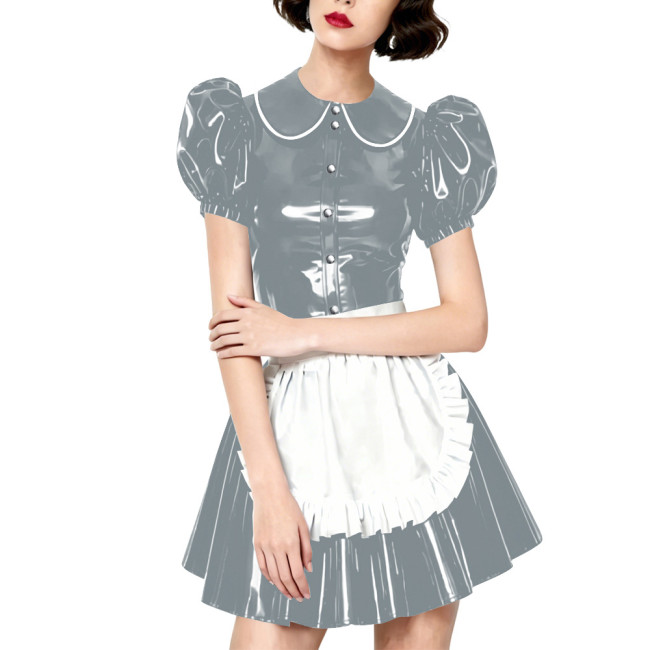 Halloween Party Wetlook Faux Leather Maid Short Sleeve Apron Mini Dress Wetlook French Peter Collar Cosplay Maid Crossdresser