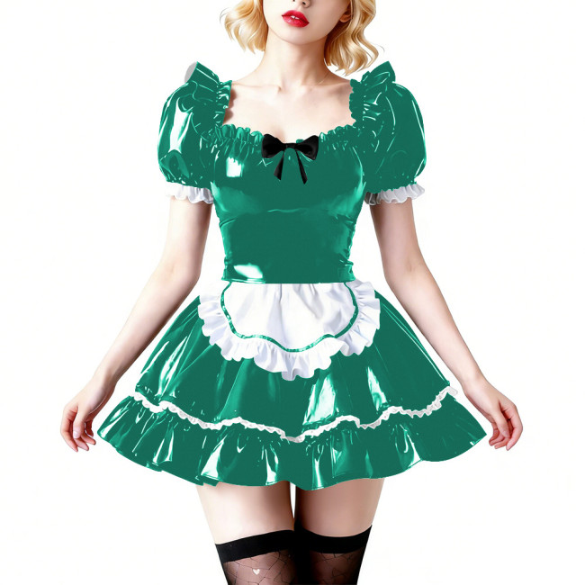 Vinyl PVC Wetlook Puff Sleeve Club Maid Dress Fetish Apron Short Dress Sexy French Maid Uniform Crossdressing Party Evening Prom