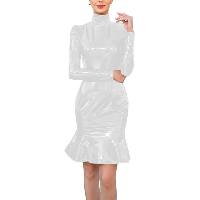 Ladies Glossy PVC Vinyl Party Dress Wetlook Cocktail Mermaid Dress Sexy Long Sleeve Bodycon Midi Dress Ankle-length Evening Gown