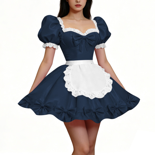 PVC Shiny Puff Sleeve French Maid Dress Erotic Square Neck Cocktail Mini Dress Apron Lace Party Back Zipper Gothic Cosplay Lolita