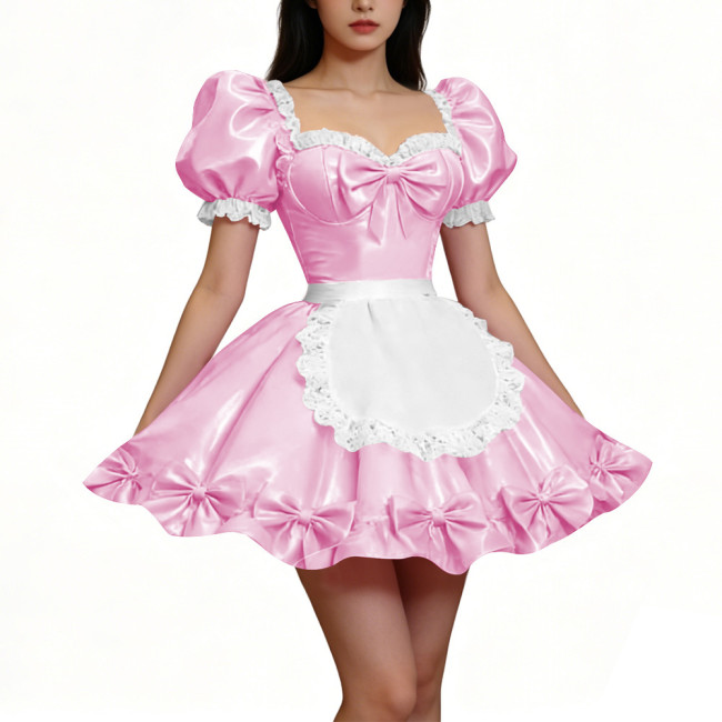 PVC Shiny Puff Sleeve French Maid Dress Erotic Square Neck Cocktail Mini Dress Apron Lace Party Back Zipper Gothic Cosplay Lolita