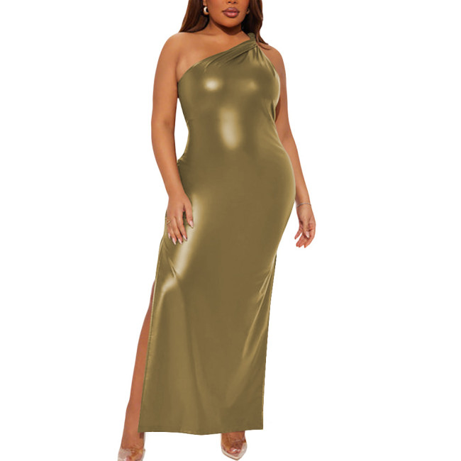 Plus Size Wetlook Matte Faux Leather Clubwear One Shoulder Bodycon Maxi Dress Gothic Sleeveless High Split Long Cocktail Dress