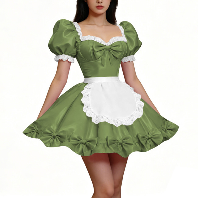 PVC Shiny Puff Sleeve French Maid Dress Erotic Square Neck Cocktail Mini Dress Apron Lace Party Back Zipper Gothic Cosplay Lolita