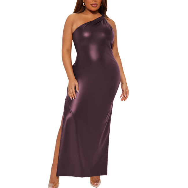 Plus Size Wetlook Matte Faux Leather Clubwear One Shoulder Bodycon Maxi Dress Gothic Sleeveless High Split Long Cocktail Dress
