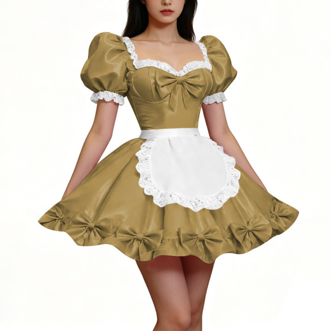PVC Shiny Puff Sleeve French Maid Dress Erotic Square Neck Cocktail Mini Dress Apron Lace Party Back Zipper Gothic Cosplay Lolita