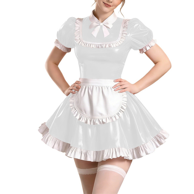 Copy Sissy Short Sleeve Maid Uniform Lolita Pleated Cosplay Evening Dress Anime Bow Shiny PVC Mini Maid Dress with Apron Halloween