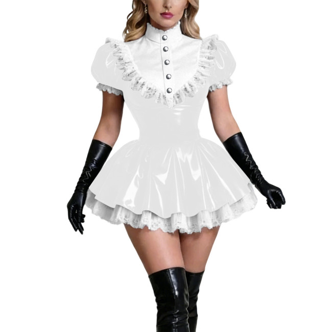 Womens Sexy A Line Wetlook Faux Leather French Maid Cosplay Short Sleeve Mini Dress Halloween Lace Party Dress Club Performance