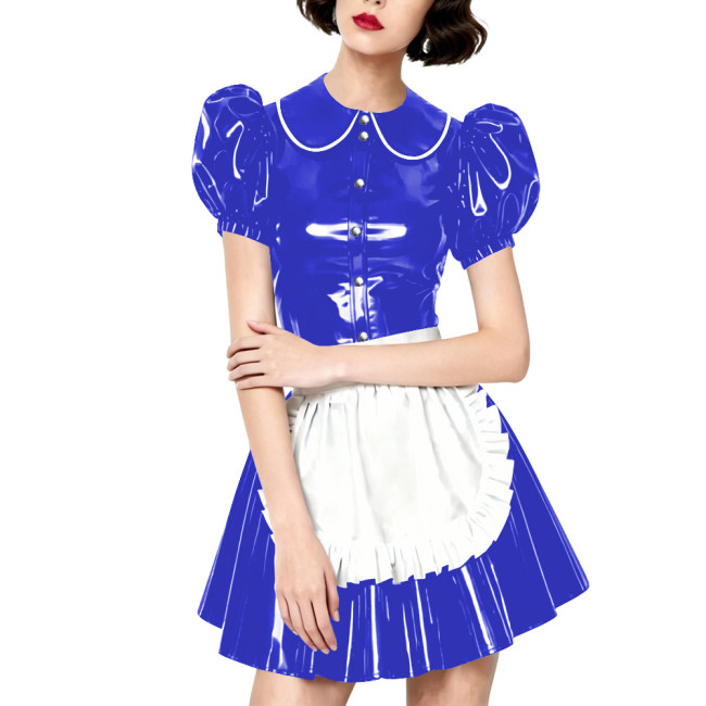 Halloween Party Wetlook Faux Leather Maid Short Sleeve Apron Mini Dress Wetlook French Peter Collar Cosplay Maid Crossdresser