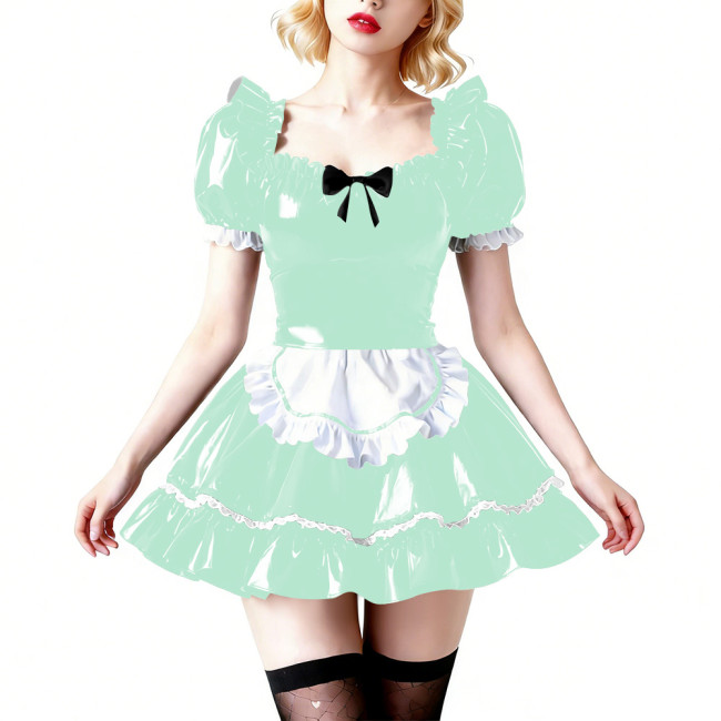 Vinyl PVC Wetlook Puff Sleeve Club Maid Dress Fetish Apron Short Dress Sexy French Maid Uniform Crossdressing Party Evening Prom