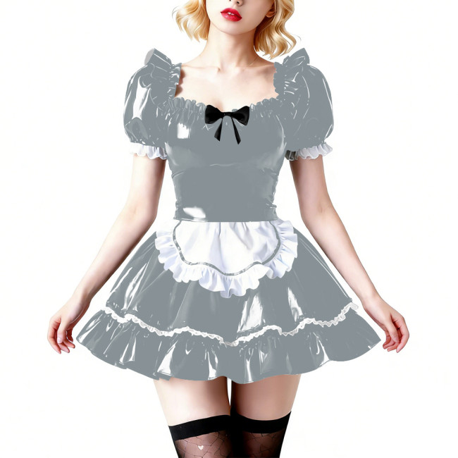 Vinyl PVC Wetlook Puff Sleeve Club Maid Dress Fetish Apron Short Dress Sexy French Maid Uniform Crossdressing Party Evening Prom