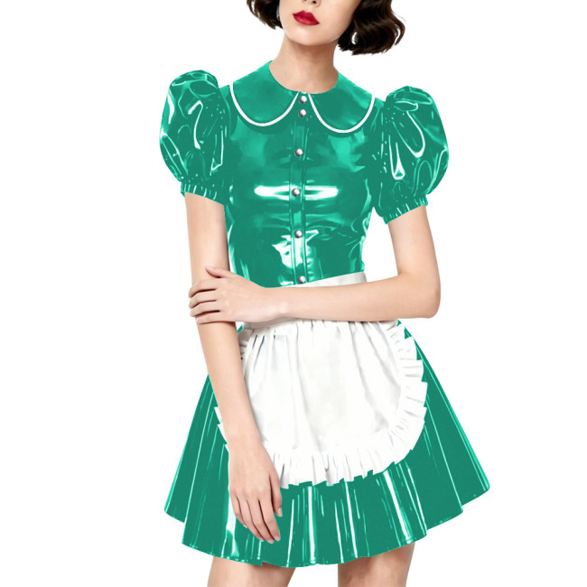 Halloween Party Wetlook Faux Leather Maid Short Sleeve Apron Mini Dress Wetlook French Peter Collar Cosplay Maid Crossdresser