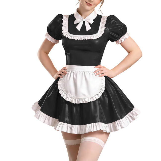 Copy Sissy Short Sleeve Maid Uniform Lolita Pleated Cosplay Evening Dress Anime Bow Shiny PVC Mini Maid Dress with Apron Halloween