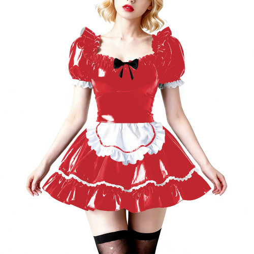 Vinyl PVC Wetlook Puff Sleeve Club Maid Dress Fetish Apron Short Dress Sexy French Maid Uniform Crossdressing Party Evening Prom