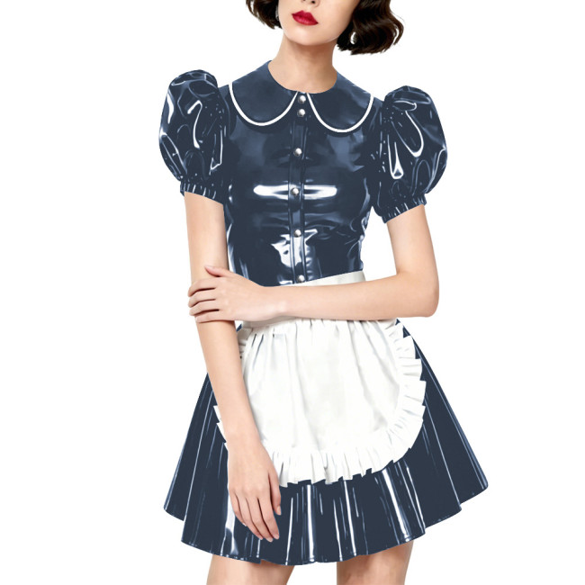 Halloween Party Wetlook Faux Leather Maid Short Sleeve Apron Mini Dress Wetlook French Peter Collar Cosplay Maid Crossdresser