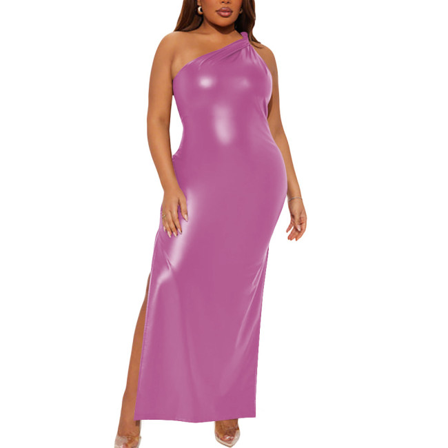 Plus Size Wetlook Matte Faux Leather Clubwear One Shoulder Bodycon Maxi Dress Gothic Sleeveless High Split Long Cocktail Dress