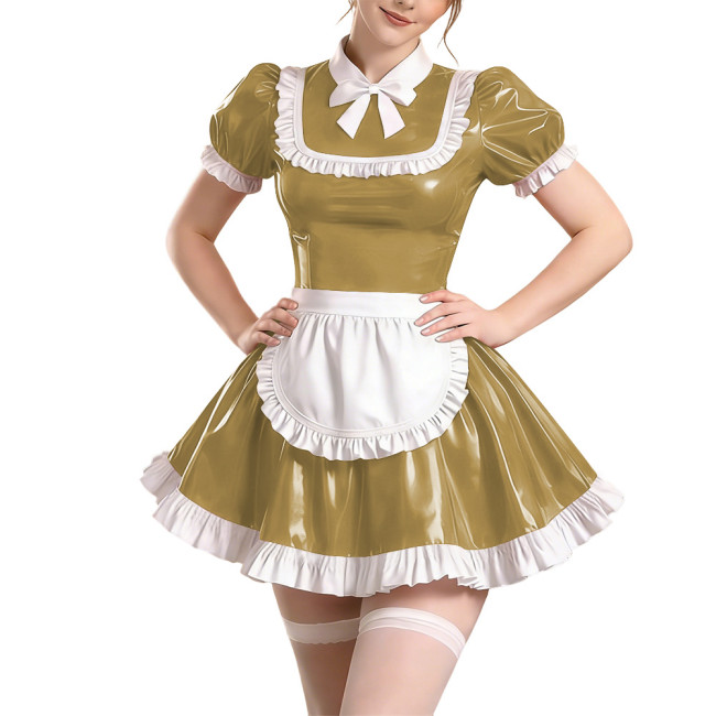 Copy Sissy Short Sleeve Maid Uniform Lolita Pleated Cosplay Evening Dress Anime Bow Shiny PVC Mini Maid Dress with Apron Halloween