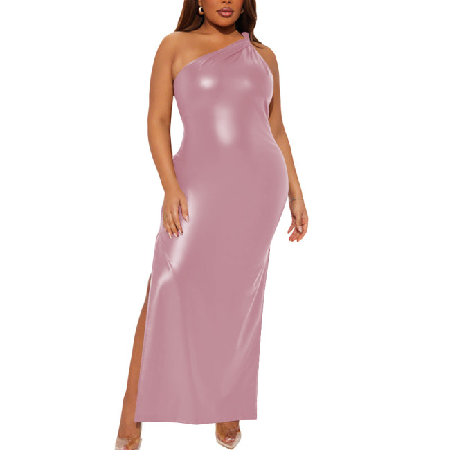 Plus Size Wetlook Matte Faux Leather Clubwear One Shoulder Bodycon Maxi Dress Gothic Sleeveless High Split Long Cocktail Dress