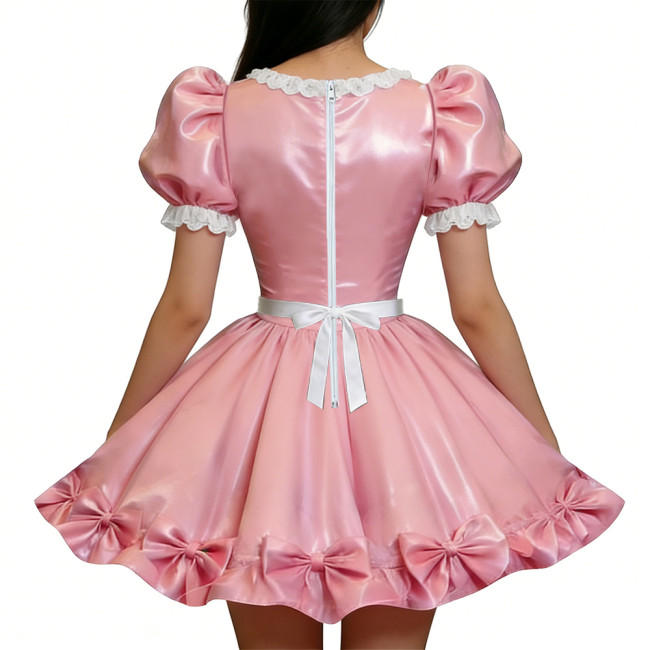 PVC Shiny Puff Sleeve French Maid Dress Erotic Square Neck Cocktail Mini Dress Apron Lace Party Back Zipper Gothic Cosplay Lolita