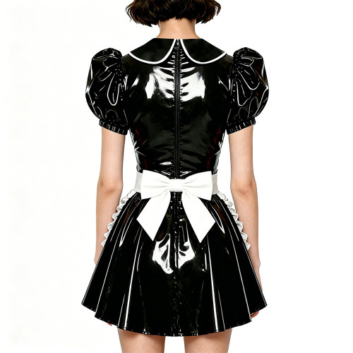 Halloween Party Wetlook Faux Leather Maid Short Sleeve Apron Mini Dress Wetlook French Peter Collar Cosplay Maid Crossdresser